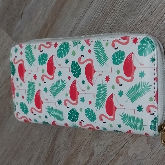 Flamingo pattern zippered wallet, green/pink color - Picture 1 of 5